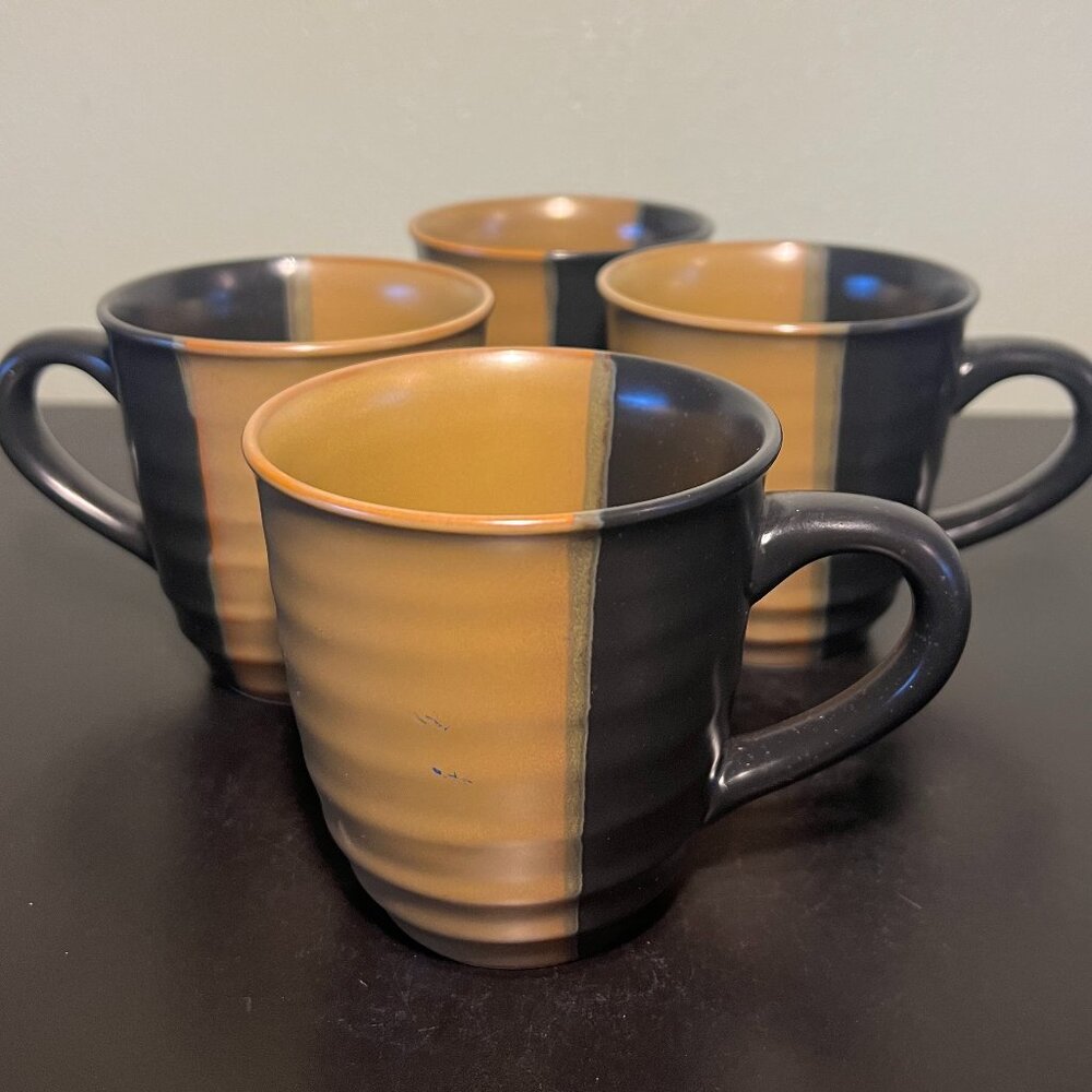 Set of 4 Vintage SANGO Tricolor Gold Dust Black Stoneware  Coffee Mugs